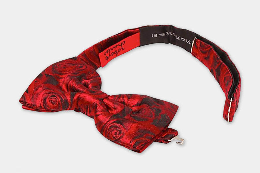 Robert Charles red rose silk bow tie pre-tied with adjustable neck strap for a tailored fit. Handmade in Italy